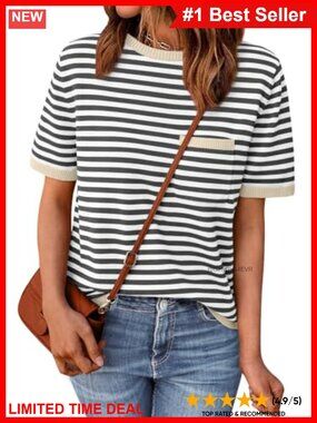 Striped Short Sleeve Crewneck Sweater with Chest Pocket